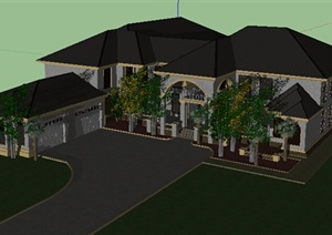 新古典风格两层别墅带游泳池建筑设计SU(草图大师)模型