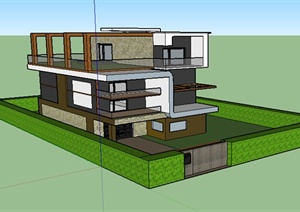 某现代风格住宅别墅带游泳池、庭院建筑设计SU(草图大师)模型