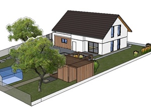 某现代风格农村民居住宅带庭院建筑设计SU(草图大师)模型