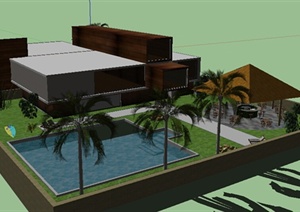 现代风格两层别墅带游泳池庭院建筑设计SU(草图大师)模型