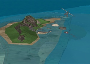 某岛屿地形带飞机、轮船设计SU(草图大师)模型