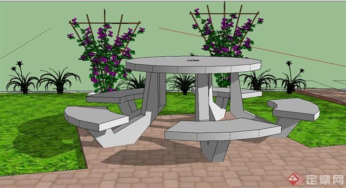 某现代庭院景观设计SU模型（带铺装、桌凳）(2)