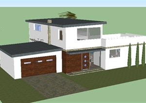 现代风格自建两层住宅建筑带车库、游泳池设计SU(草图大师)模型