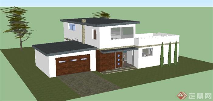 现代风格自建两层住宅建筑带车库、游泳池设计SU模型(1)