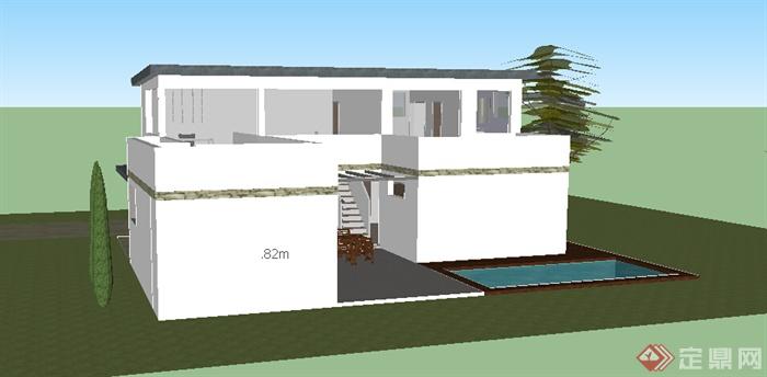 现代风格自建两层住宅建筑带车库、游泳池设计SU模型(2)
