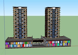 现代风格小高层住宅建筑带两层商业裙楼建筑设计SU(草图大师)模型
