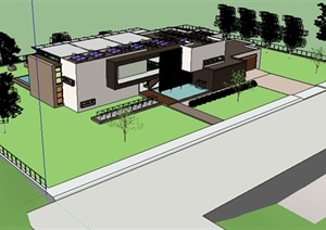 现代风格山体别墅带游泳池建筑设计SU(草图大师)模型