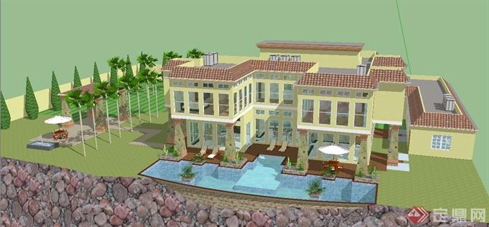 某豪华别墅建筑设计SU模型（带室内的景观）(2)