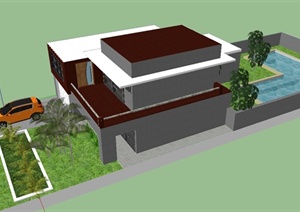 某带室外过道双层住宅建筑设计SU(草图大师)模型