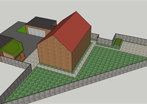 某现代一层简易住宅建筑庭院景观设计SU(草图大师)模型