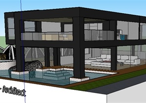 现代风格两层玻璃外立面住宅建筑带游泳池设计SU(草图大师)模型