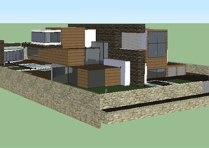 现代风格三层住宅别墅建筑带游泳池设计SU(草图大师)模型