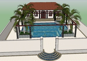 某现代风格住宅建筑设计以及庭院泳池景观SU(草图大师)模型
