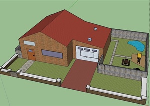 某单层住宅建筑设计SU(草图大师)模型（带车库）