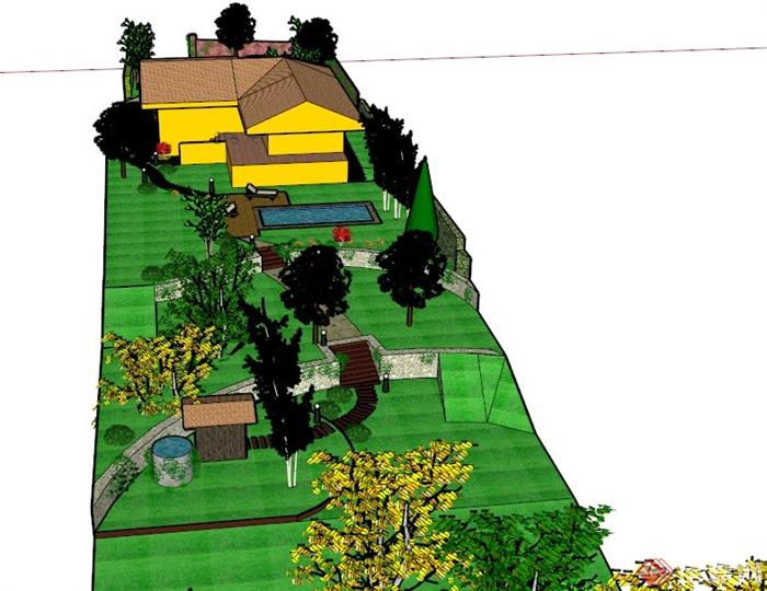 某两层住宅建筑庭院景观设计SU模型(1)