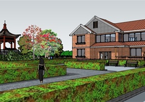 某现代风格两层住宅别墅建筑带庭院景观设计SU(草图大师)模型