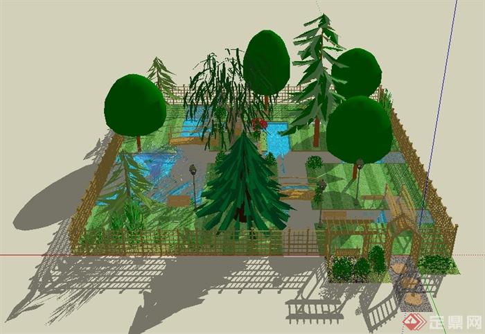 某园林景观矩形小花园景观设计SU模型(1)