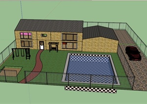 某两层砖砌住宅建筑庭院景观设计SU(草图大师)模型