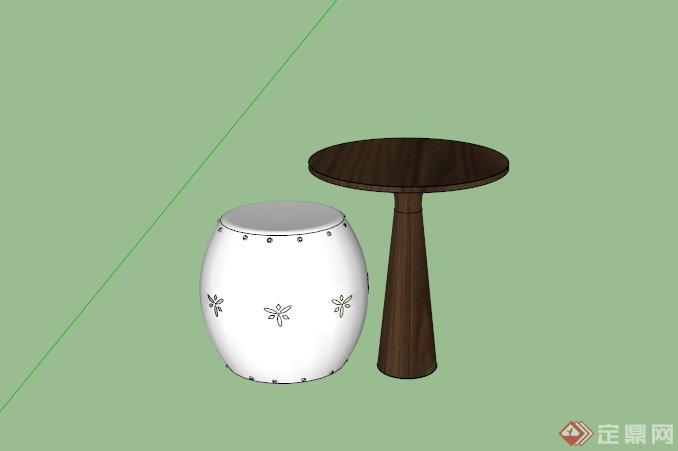 某木制圆桌和鼓形坐凳设计SU模型(1)