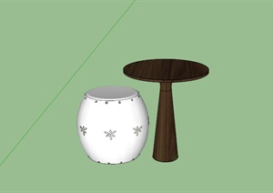 某木制圆桌和鼓形坐凳设计SU(草图大师)模型
