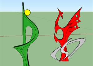 现代风格两个抽象公鸡雕塑小品设计SU(草图大师)模型