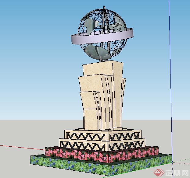 现代风格广场地球带基座雕塑小品设计SU模型(1)
