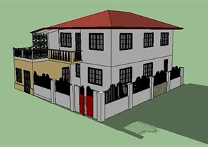 现代风格两层住宅建筑带围墙小院设计SU(草图大师)模型