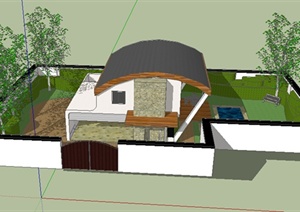 现代风格两层带小庭院住宅建筑设计SU(草图大师)模型
