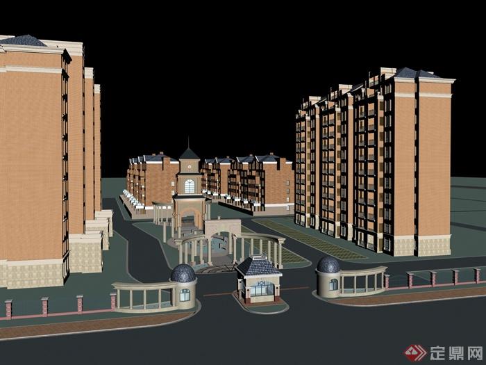 某现代西式风格住宅小区建筑设计3DMAX模型（含大门设计）