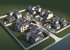现代中式风格住宅别墅带庭院景观设计3DMAX模型