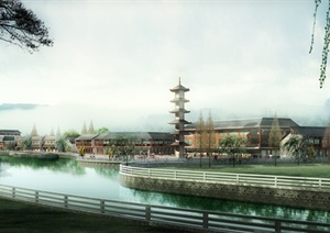 景区古典中式多栋沿河古建筑设计3DMAX模型