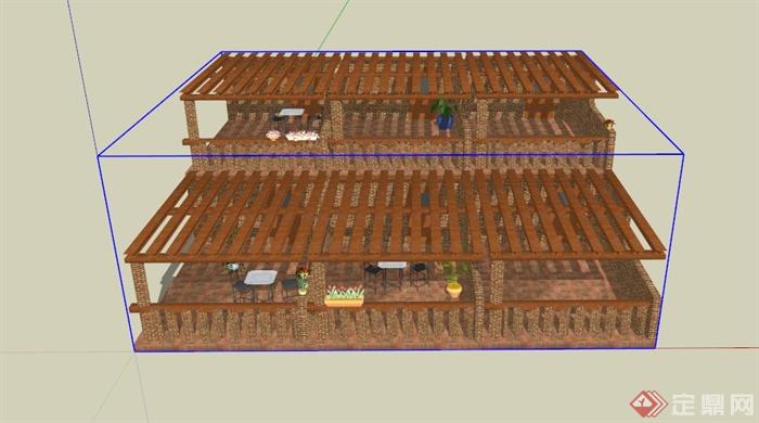某两层阶梯型木制咖啡店建筑设计SU模型(1)