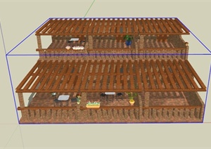 某两层阶梯型木制咖啡店建筑设计SU(草图大师)模型