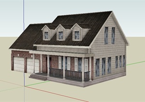 现代两层住宅带阁楼、车库建筑设计SU(草图大师)模型