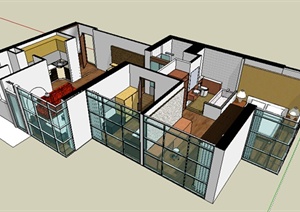 现代风格一室一厅住宅室内设计SU(草图大师)模型