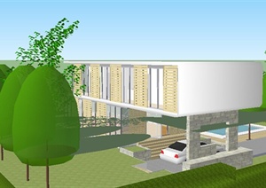 某2层小别墅设计SU(草图大师)模型素材（含庭院）