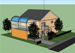 现代风格两层沿街住宅建筑带阳光花房设计SU(草图大师)模型