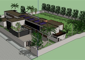 现代风格两层别墅建筑带游泳池庭院设计SU(草图大师)模型