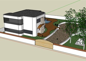 现代风格两层别墅住宅带游泳池、车库庭院建筑设计SU(草图大师)模型