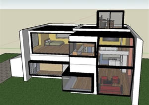 某现代3层住宅楼建筑设计SU(草图大师)模型（带室内）