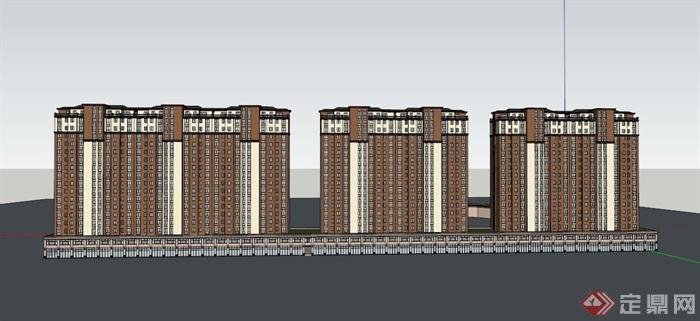 某现代高层三栋联结式商住房建筑设计SU模型(1)