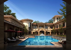 新古典风格别墅住宅建筑带游泳池建筑设计3DMAX模型