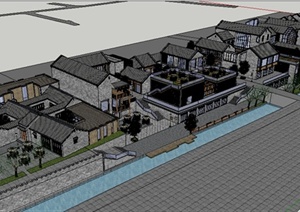 现代中式风格沿河商住建筑设计SU(草图大师)模型