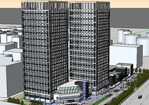 现代风格临街多层商业建筑、高层办公建筑设计SU(草图大师)模型