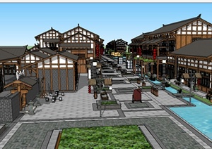 现代中式风格旅游商业街建筑设计带街头景观设计SU(草图大师)模型