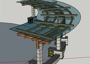 现代风格弧形玻璃顶木石结构廊架设计SU(草图大师)模型
