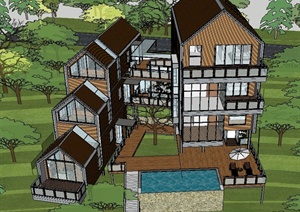一栋大型山地别墅建筑设计SU(草图大师)模型
