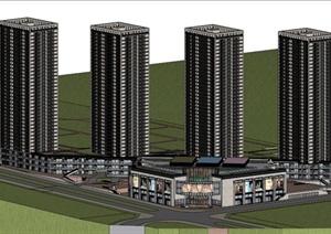现代某四栋联排式商住房建筑设计SU(草图大师)模型