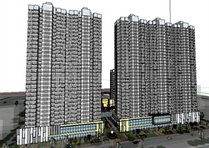 某现代风格多层街角商业建筑、高层住宅建筑设计SU(草图大师)模型