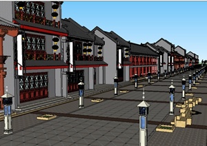 某新中式商业建筑设计SU(草图大师)模型（含街道景观）